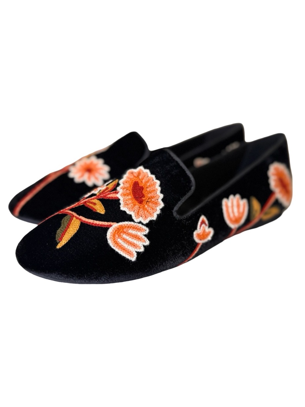 Birdies Black Velvet Slip-On Loafers with Orange Floral Embroidery - Picture 7 of 10